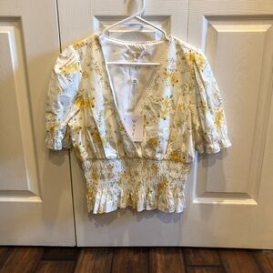 WAYF yellow floral smocked blouse crop top NWT